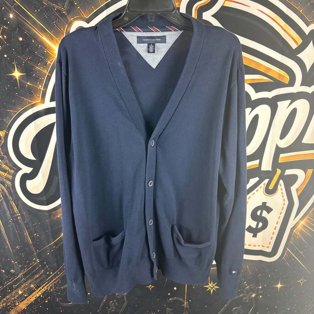 Tommy Hilfiger Men's Navy Blue V-Neck Button-Up Cardigan Sweater Pockets Size XL